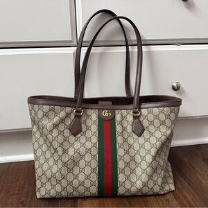 Gucci Beige and Brown Tote with Green and Red Stripe